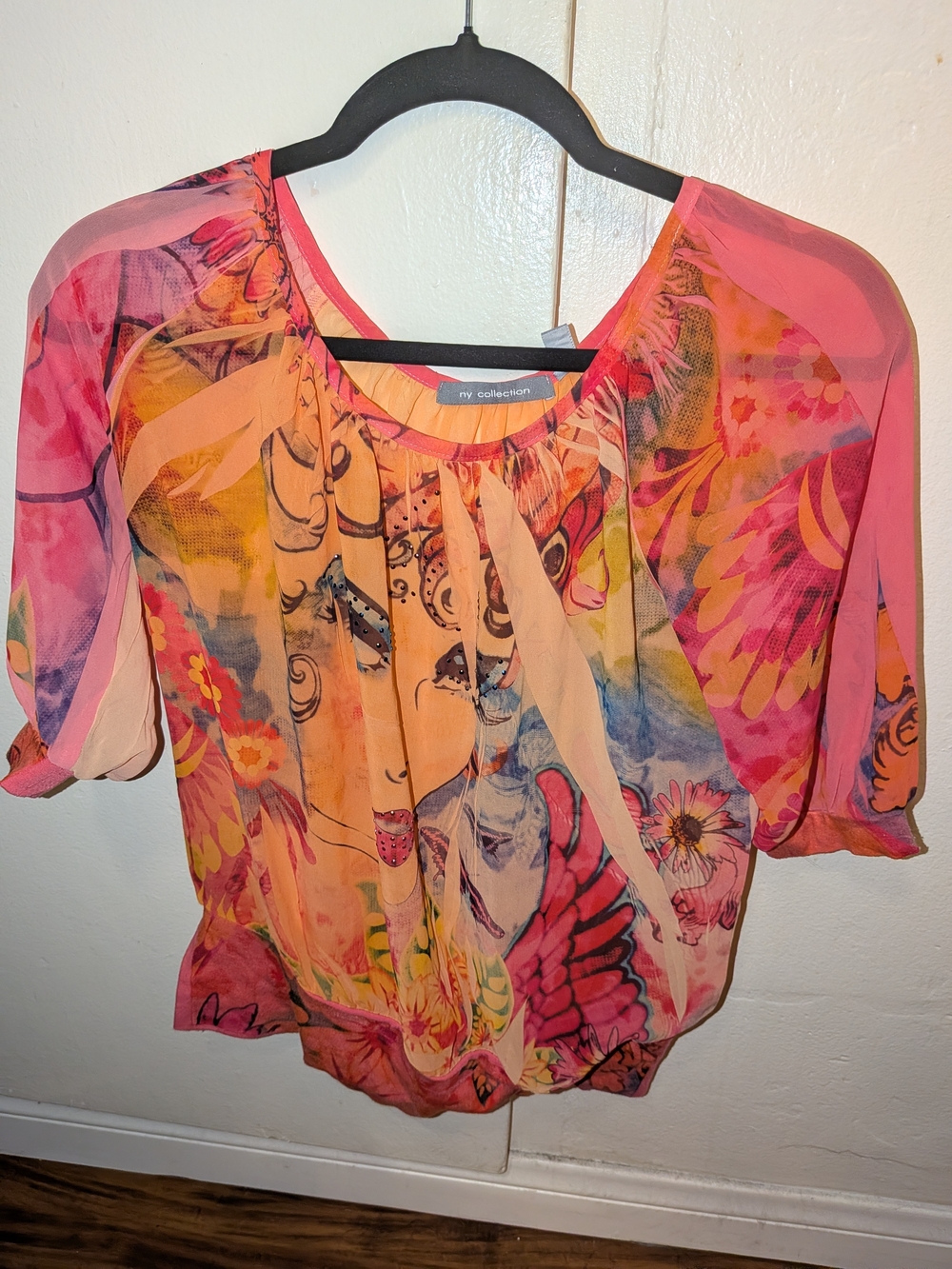 NY Collection Pink/Orange Sheer Blouse - Pink Multicolor
